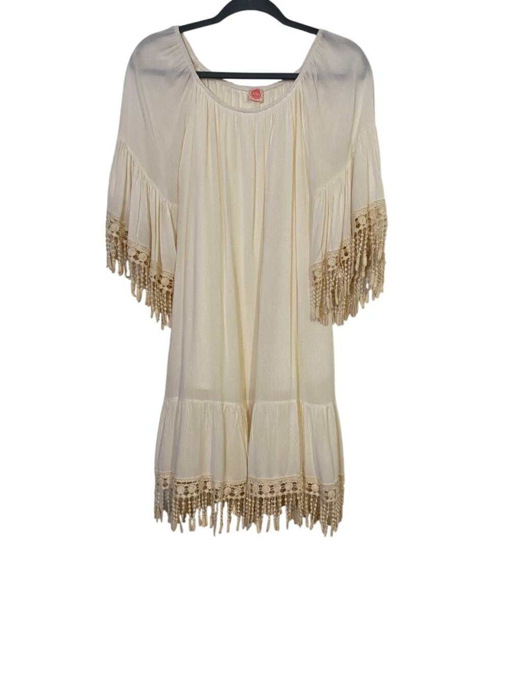 J&M Women's S Boho Cream Dress Lace Trim & Tassels Gauzey Lined Bohemian Peasant